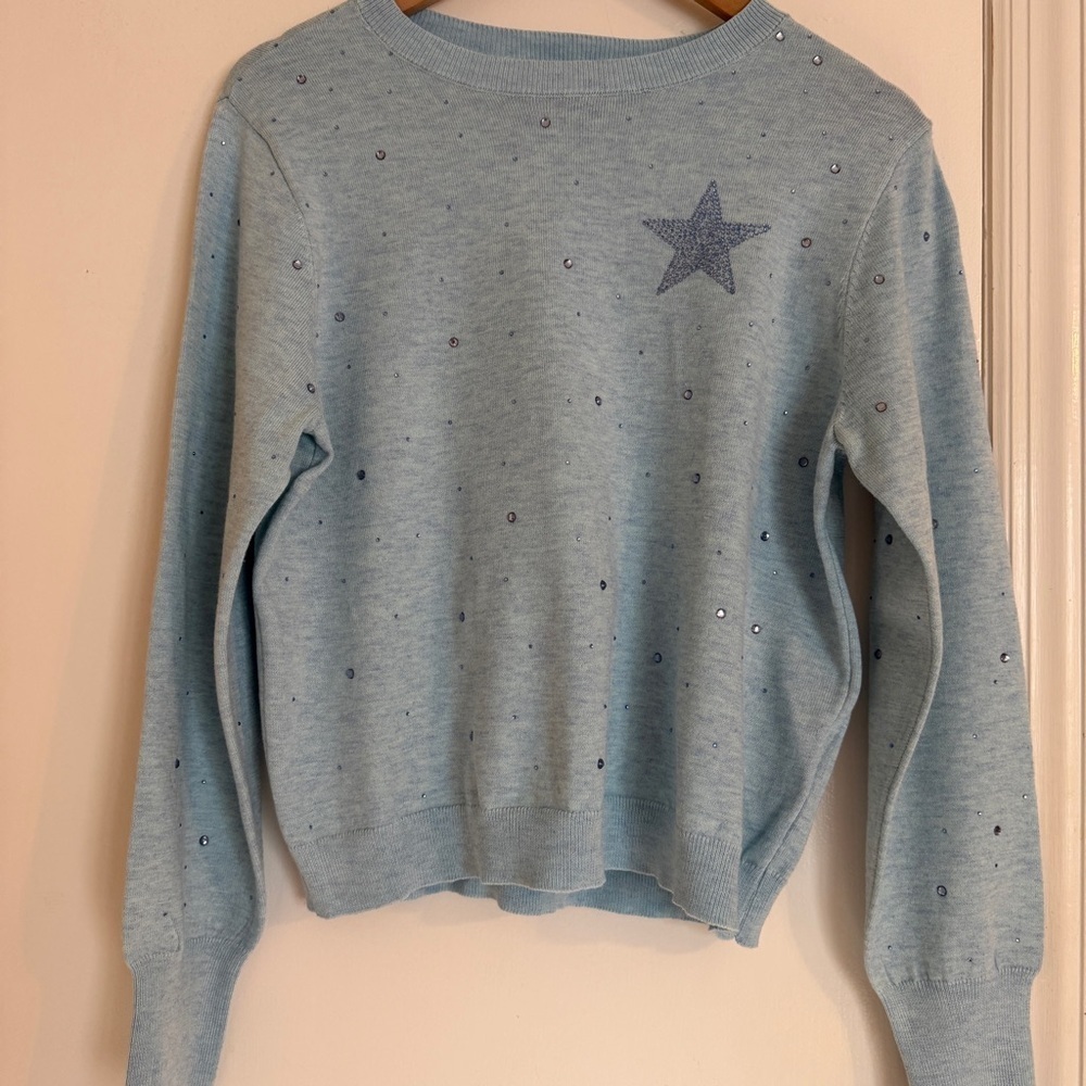 NWT Nanette Lepore Pullover crewneck sweater heather blue stars rhinestones L